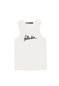 Valge singlet pehmest kangast ümmarguse kaelusega. Rinnas on must tikandiga "bimba" logo. Muster või lisadeta.