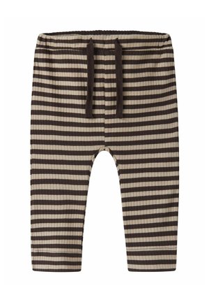 Pantalon bébé côtelé rayé marron et beige avec une ceinture élastique et un cordon marron foncé.