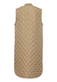 Quilted sleeveless vest in beige. Features a diamond pattern, smooth texture, rounded hem, and a stand-up collar. Back view shown.