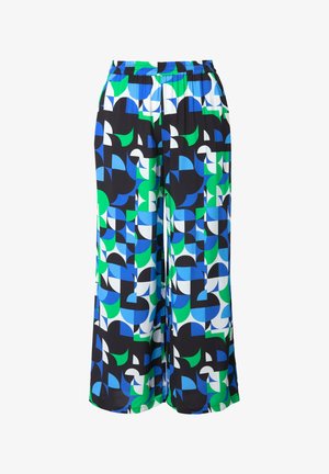Vloeibare broek van lichtgewicht stof met een geometrisch patroon in blauw, groen, wit en zwart. Elastische tailleband voor comfort. Wijde pijpen.