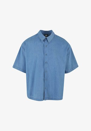 Jasnoniebieska koszula z krótkim rękawem zapinana na guziki, wykonana z denimu. Posiada klasyczny kołnierzyk i sześć guzików z przodu.
