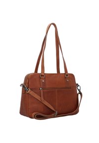 Ruskea nahkakäsilaukku, jossa on säädettävä olkahihna, kaksinkertaiset ylhäällä sijaitsevat kahvat, vetoketjukiinnitys ja etutasku. Sujuva pinta, vähäiset metalliosat.