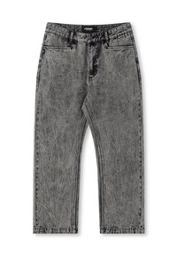 Grå denim jeans med et slitt utseende, rett ben-design og fem-lomme stil. Har et merke med "FORMER" på midjen.