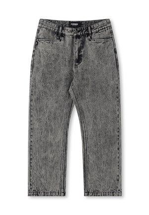 Gray denim jeans with a distressed finish, straight-leg design, and five-pocket styling. Features a label with "FORMER" on the waistband.
