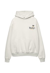 Helle graue Kapuzenjacke mit einer Fronttasche, auf der "Mickey's Coffee" in Dunkelblau und Gelb gestickt ist. Weicher Stoff mit gerippten Bündchen und Saum.