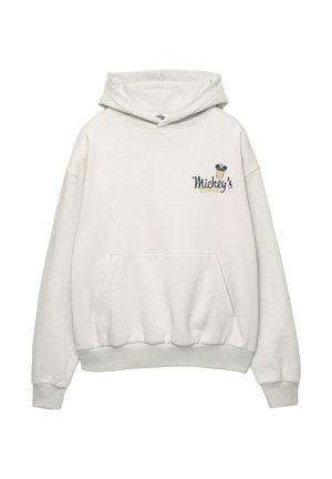 Helle graue Kapuzenjacke mit einer Fronttasche, auf der "Mickey's Coffee" in Dunkelblau und Gelb gestickt ist. Weicher Stoff mit gerippten Bündchen und Saum.
