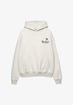 Lysegrå hoodie med en frontlomme, der har "Mickey's Coffee" broderet i mørkeblå og gul. Blødt stof med ribbede manchetter og nederste kant.