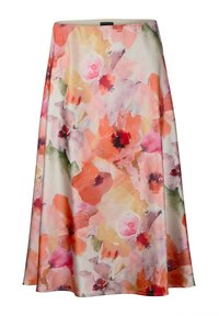 Gonna midi floreale con un tessuto morbido e leggero. Presenta un motivo multicolore con tonalità di rosa, arancione e verde. Forma a trapezio.