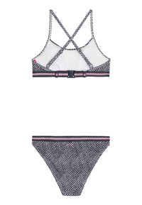 Navy bikini-setti, jossa on kuvioitu yläosa, jossa on ristikkäiset hihnat ja klipsisuljenta, sekä vastaava alaosa, jossa on vaaleanpunainen korostusriba.