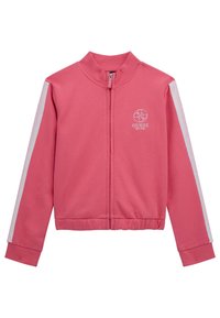 Pink zip-up jacket with ribbed collar and cuffs. White side stripes and logo detail on the front. Made of soft, textured fabric.