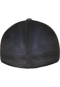 Cappellino da baseball in rete nera con visiera curvata, caratterizzato da una superficie testurizzata e un bottone in tessuto sulla parte superiore. Nessun logo o motivo visibile.