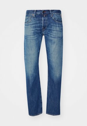 Blue denim jeans with a straight cut, featuring faded accents, five-pocket design, and a button closure at the waistband.