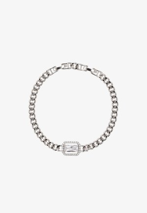 Srebrna bransoletka łańcuszkowa z prostokątnym centralnym kamieniem, otoczonym drobnymi, przezroczystymi kamieniami. Posiada solidne ogniwa i bezpieczny zapięcie.