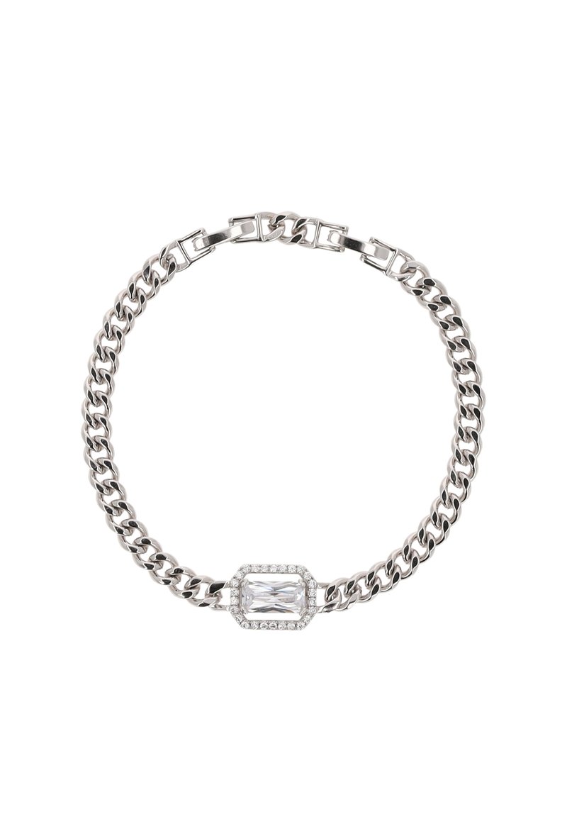 Bracciale in argento con pietra centrale rettangolare, circondata da piccole pietre trasparenti. Presenta maglie robuste e una chiusura sicura.