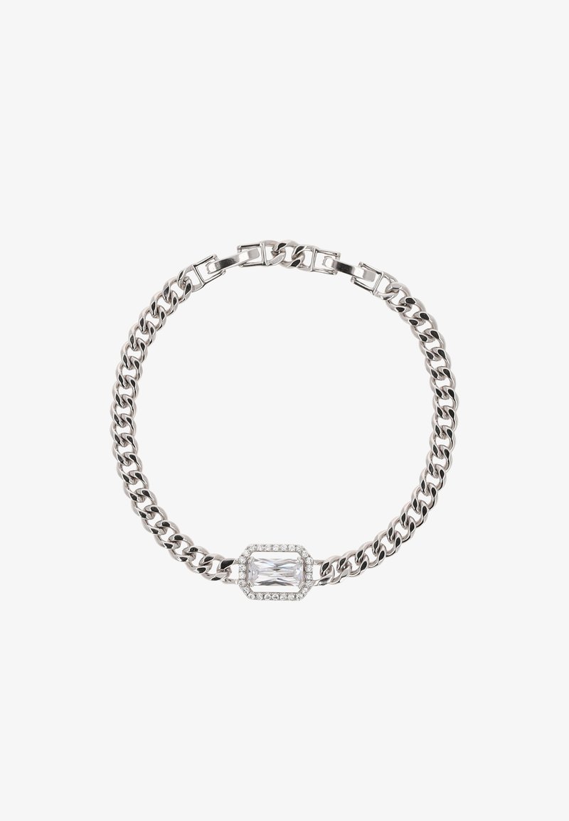 Bracciale in argento con pietra centrale rettangolare, circondata da piccole pietre trasparenti. Presenta maglie robuste e una chiusura sicura.