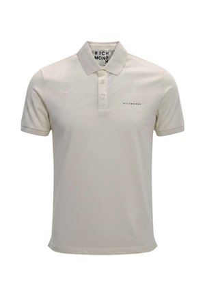 Polo beige a maniche corte con colletto e tre bottoni, con piccolo logo "RICHMONDX" sul petto e all'interno del colletto.