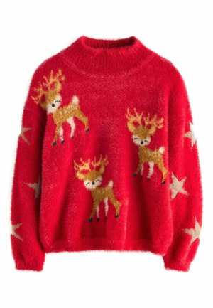 Roter flauschiger Pullover mit drei Comic-Rentieren und goldenen Sternen auf den Ärmeln, mit hohem Rundhalsausschnitt und langen Ärmeln.