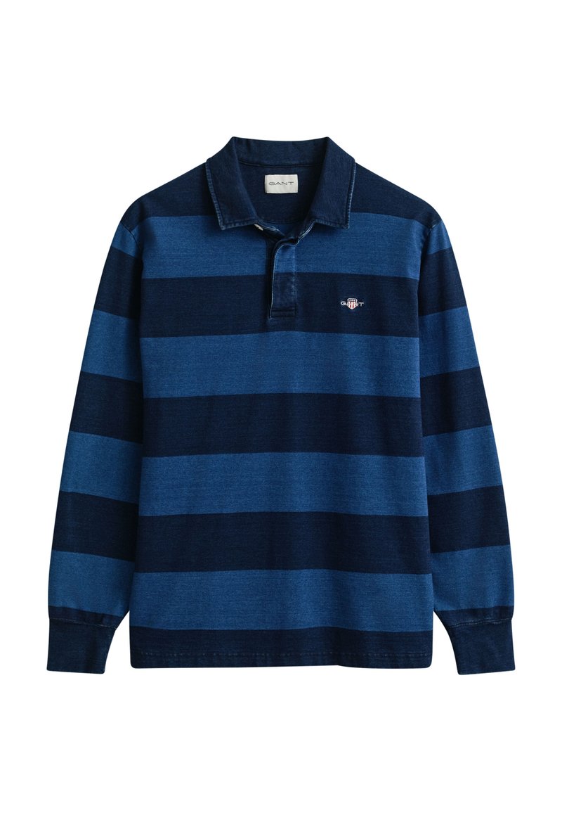 Maglia da rugby uomo a maniche lunghe con righe orizzontali blu navy e azzurre, colletto con bottoni e piccolo logo sul petto sul lato sinistro.