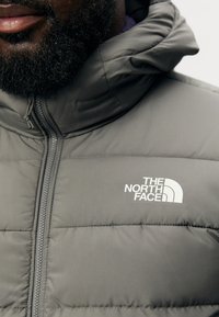 Jachetă izolată gri cu glugă și fermoar în față, cu un design de tip puffer cusut și cu marcaj alb pe pieptul stâng.