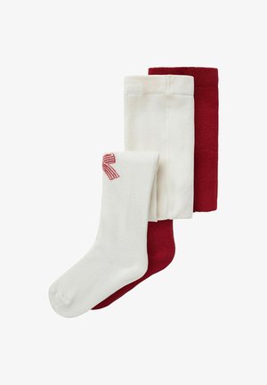 Du sipario vezdoti iki kelių kojines, viena balta su raudonų juostelių raštu viršuje, kita vientisa raudona, sulankstyta plokščiai.