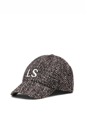 Casquette de baseball en laine noire et blanche à motif chevrons, visière incurvée et lettres blanches brodées "LS" sur le panneau avant.