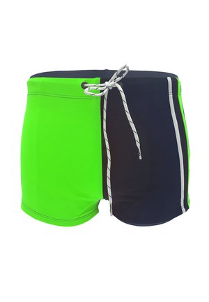 Bright green and navy swim shorts with a drawstring, featuring a split color design and white side accents. Made from stretchy swim fabric.