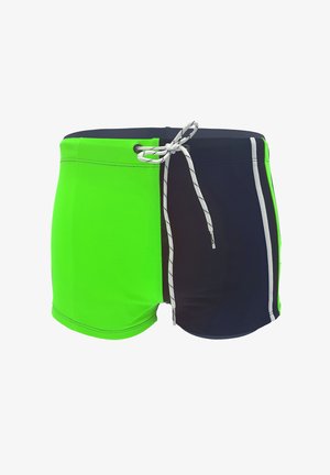 Felle groene en marineblauwe zwembroek met een koord, met een gesplitst kleurontwerp en witte zijaccenten. Gemaakt van rekbare zwemstof.