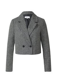 Krótka marynarka dwurzędowa w czarno-biały wzór jodełki, z klapą z wycięciem i dwoma czarnymi guzikami. Gładka podszewka wewnątrz.