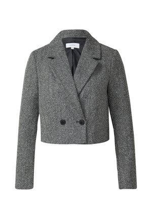 Krótka marynarka dwurzędowa w czarno-biały wzór jodełki, z klapą z wycięciem i dwoma czarnymi guzikami. Gładka podszewka wewnątrz.