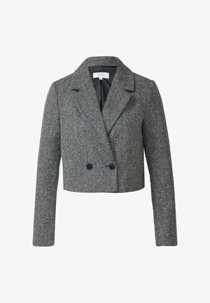 Kurz geschnittener zweireihiger Blazer im schwarz-weißen Fischgrätmuster, mit einem Reverskragen und zwei schwarzen Knöpfen. Glattes Futter innen.