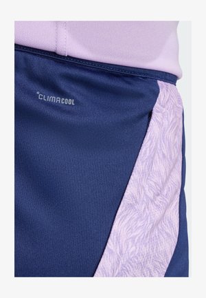 Navy sports shorts with a soft purple textured panel, featuring breathable fabric and a CLIMACOOL logo on the front.