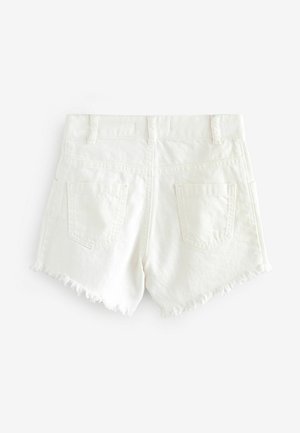 Baltie denim īsi šorti ar saplēstu apakšmalu, ietver divas aizmugurējās kabatas. Klasiskā piecu kabatu stils ar jostas cilpām un vienkāršu dizainu.