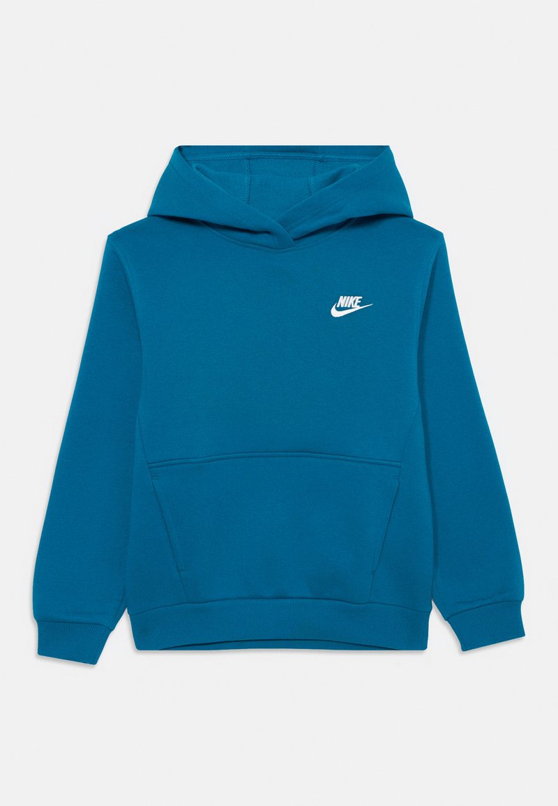 Sweatshirt com capuz em tom verde-água, feito de tecido macio, com um bolso frontal e um logo da Nike em branco no peito. Design de punhos e bainha padrão.