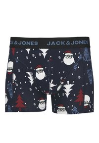 Mornarske plave bokserice s uzorkom svečanog Djeda Božićnjaka i božićnog drvca. Mekani materijal s crnim pojasom na kojem piše "JACK & JONES".