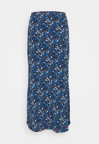 Kukkainen midi-hame tummansinisellä pohjalla, jossa on ripoteltuna oransseja, sinisiä ja valkoisia kukkia. Valmistettu kevyestä kankaasta, jossa on slim fit -leikkaus.