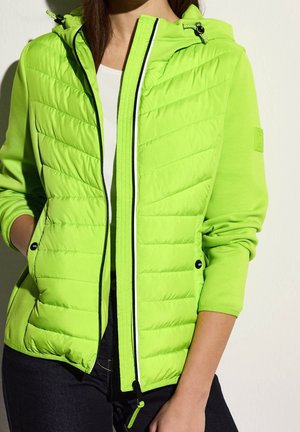 Kobieta ubrana w jaskrawozieloną, pikowaną kurtkę z suwakiem i kapturem, w połączeniu z ciemnymi spodniami i białą koszulą pod spodem.