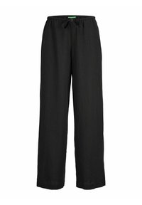 Pantalons larges noirs en matériau léger avec une taille élastique et un cordon de serrage pour un ajustement ajustable. Pas de motifs ou de accents visibles.