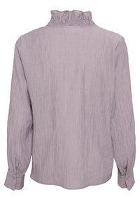 Blusa a strisce lilla chiaro con colletto arruffato e maniche lunghe con polsini abbottonati, realizzata in un tessuto testurizzato.