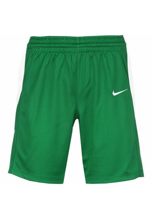 Grüne Sportshorts mit strukturiertem Material, elastischem Bund, weißen Seitenstreifen und kleinem weißen Nike-Logo auf der Vorderseite.