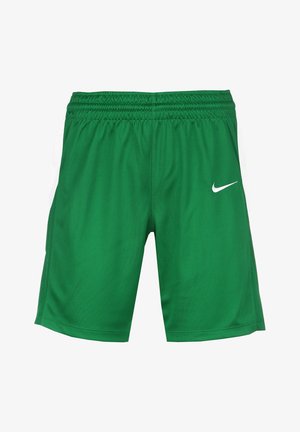 Pantaloni sportivi verdi con una superficie texturizzata, elastico in vita, pannelli laterali bianchi e un piccolo logo Nike bianco sulla parte anteriore.