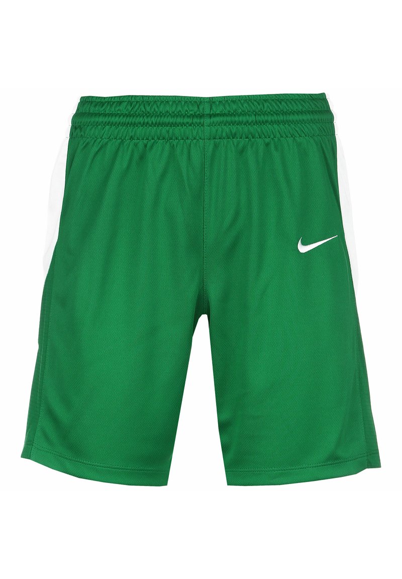 Pantaloni sportivi verdi con una superficie texturizzata, elastico in vita, pannelli laterali bianchi e un piccolo logo Nike bianco sulla parte anteriore.