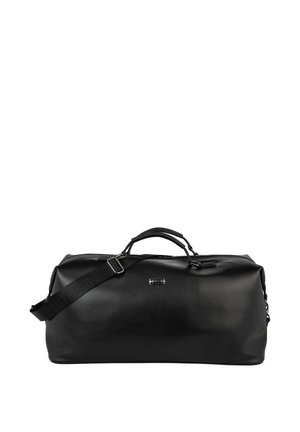 Black leather duffel bag with dual handles, adjustable shoulder strap, and small metal logo on the front center.