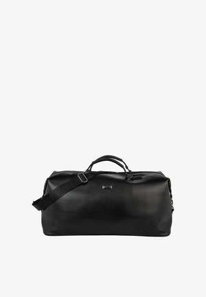 Bolsa de viaje de cuero negro con asas dobles, correa de hombro ajustable y un pequeño logo metálico en el centro frontal.