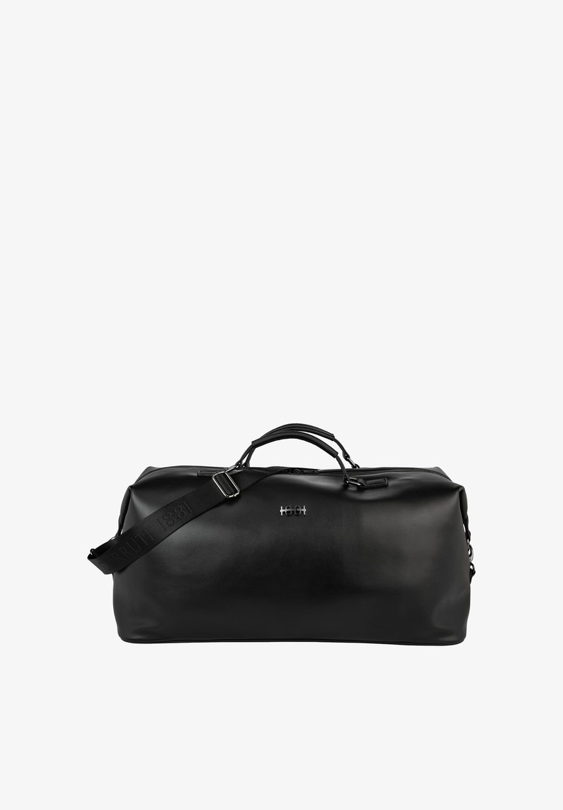 Czarna skórzana torba podróżna z dwoma uchwytami, regulowanym paskiem na ramię oraz małym metalowym logo na środku frontu.