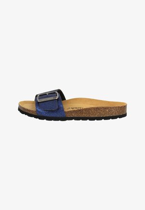 Blue textured slide sandal with black strap and adjustable metallic buckle. Cork footbed and black rubber sole for comfort.
