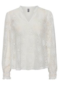 Blusa in pizzo color avorio con scollatura a V, maniche lunghe a palloncino, motivo floreale e polsini arr gathered. Tessuto leggero e testurizzato.