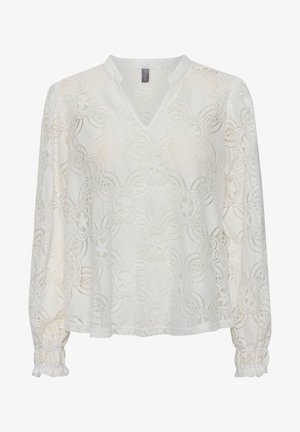 Ivory mežģīņu blouse ar V veida kakla izgriezumu, garām puff piedurknēm, ziedu rakstu un savilktām aprocēm. Gaisīga, teksturēta auduma.