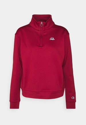 Rode sweatshirt met kwartrits en hoge kraag, lange mouwen, geribde boorden en kleine Champion-logo's op de borst en mouwboord.