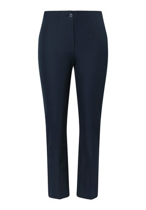 Marineblauwe op maat gemaakte broek met knoopsluiting, details aan de voornaad en een rechte pijp.