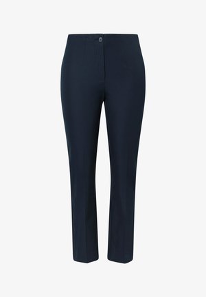 Marineblauwe op maat gemaakte broek met knoopsluiting, details aan de voornaad en een rechte pijp.